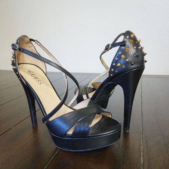 Guess Shoes - Guess Size 8 Black Gold, Silver Studded Peep Toe Crossover Heels